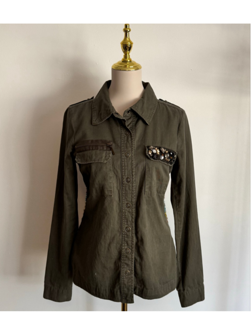 Women's BKE Utility Jacket Size S Olive Multicolor Embellished Back